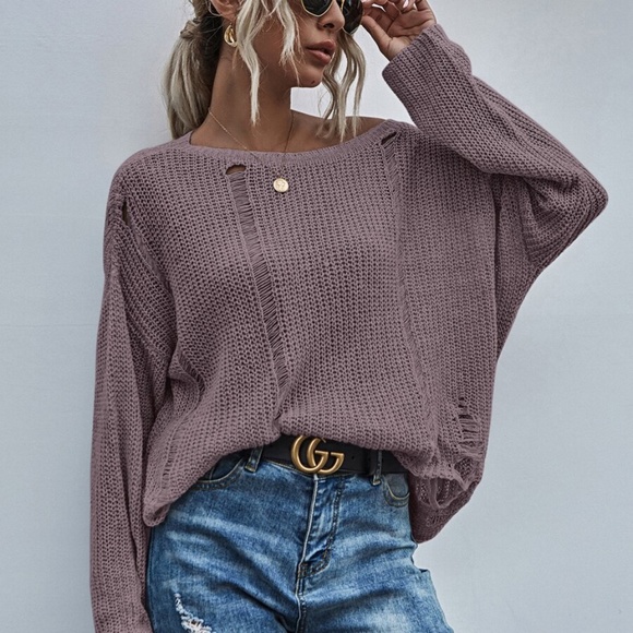 Grey off shoulder distressed oversize knit sweater - Picture 9 of 13